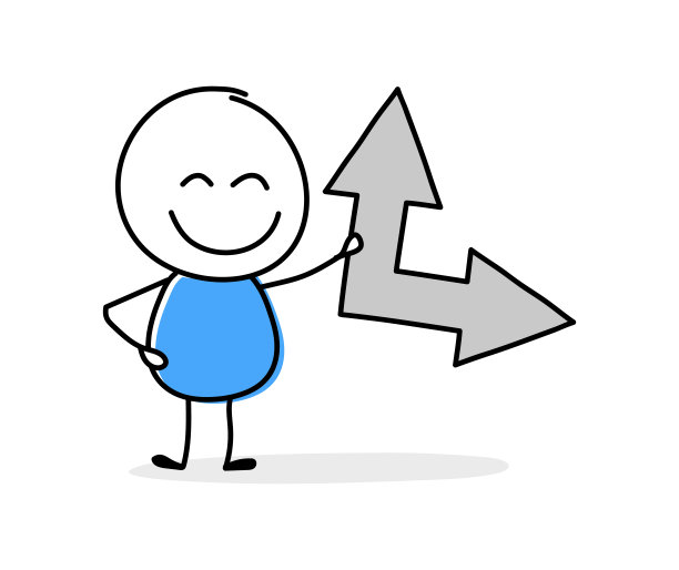 卡通棍人拿着箭头向上和右边的图标。有趣的手绘商业演示设计。矢量图图片下载