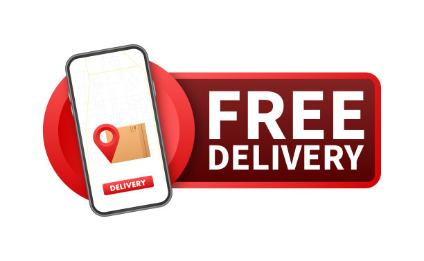 免费送货。手机屏幕发货跟踪。有卡车的徽章。矢量股票插图。图片下载