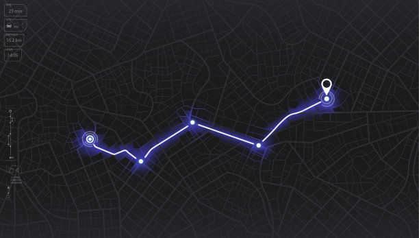 位置跟踪仪表板。城市街道道路。城市街道和街区，路线距离数据，路径转弯和目的地标签或标记。巨大的城市俯视图。图片下载