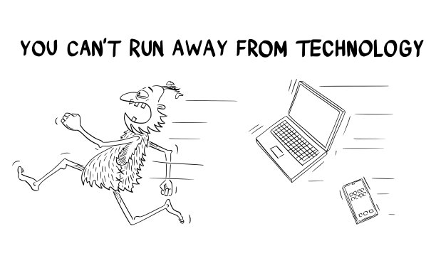 关于穴居人和计算机技术的商业或政治漫画，矢量插图图片下载