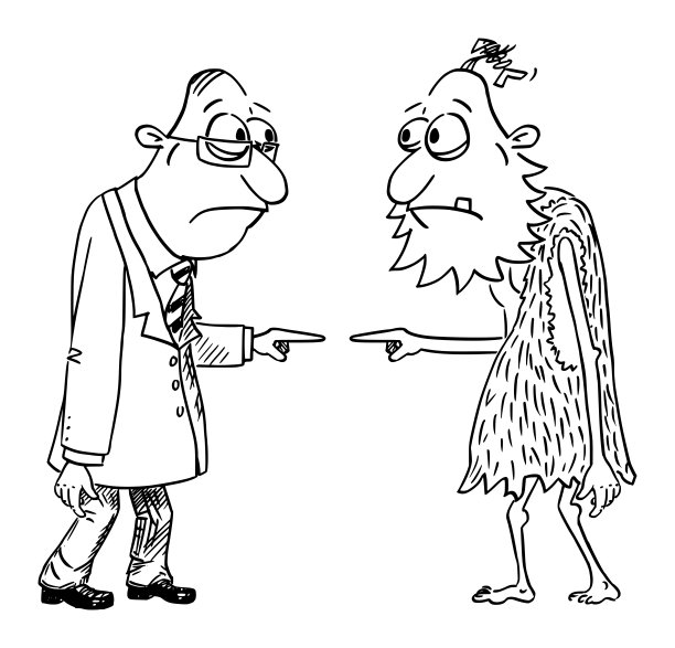 关于穴居人和商人的商业或政治漫画，矢量插图图片下载