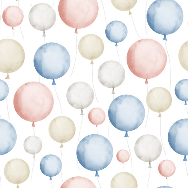 水彩无缝模式与圆形气球在粉红色和蓝色粉彩的颜色。用于包装纸或纺织品设计的手绘插图。生日聚会的背景在孤立的背景图片下载