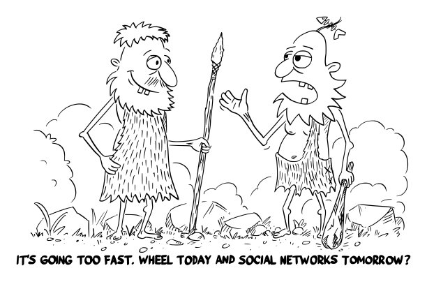 关于穴居人的商业或政治漫画谈论技术社会网络，矢量插图图片下载