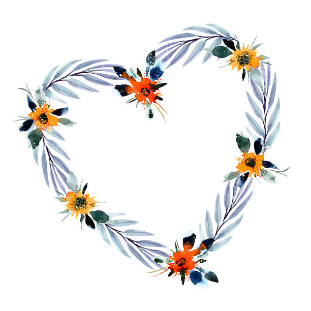 白色背景上的橙色花朵和心形叶子图片下载