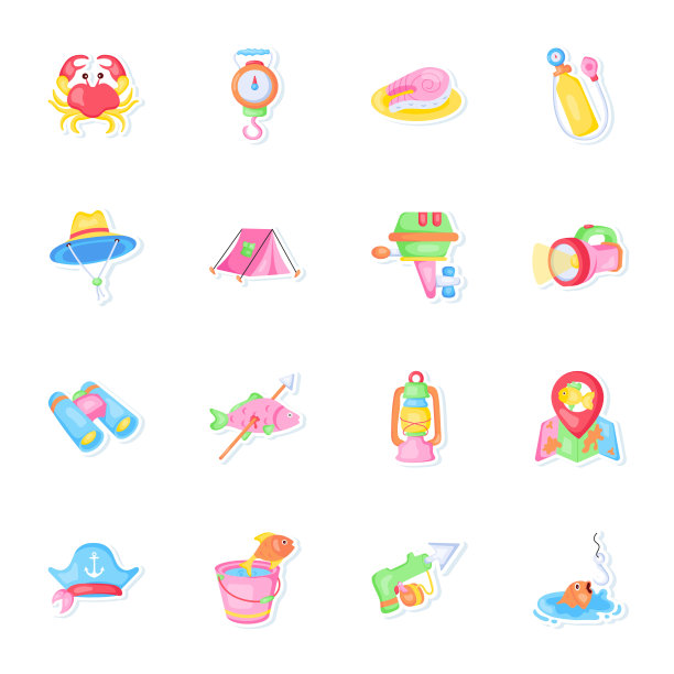 户外钓鱼贴纸设置在平面风格图片下载