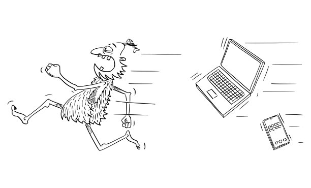 关于穴居人和计算机技术的商业或政治漫画，矢量插图图片下载