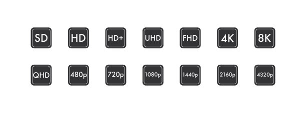 Sd高清uhd fhd 4k 8k qhd 720p 1080p 1440p 2160p屏幕分辨率图标。视频扩展向量图片下载