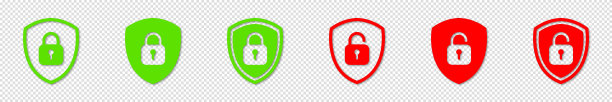 一套红色和绿色的盾牌锁定和解锁图标。挂锁象征。保护的概念。矢量插图。图片下载