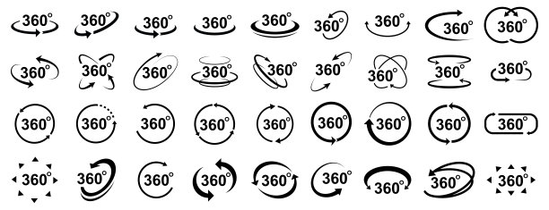 360度视图的矢量圆图标设置隔离的背景。带有箭头的标志表示旋转或全景360度。矢量插图10 eps。图片下载