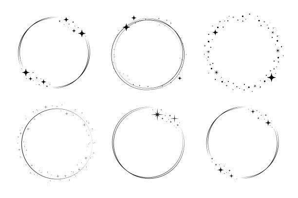 闪闪星圈框架设置。花环环星尘边界派对，生日装饰设计。月桂框架与宇宙闪闪发光。孤立黑平向量图片下载