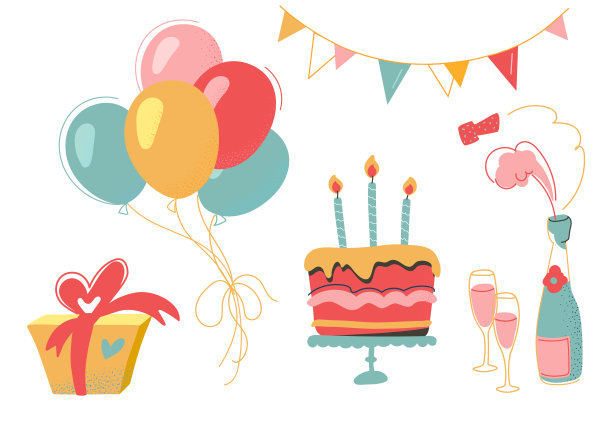节日生日派对的矢量元素集。装饰集气球，彩旗，香槟，玻璃杯，蛋糕与蜡烛，礼物。白色背景隔离图片下载