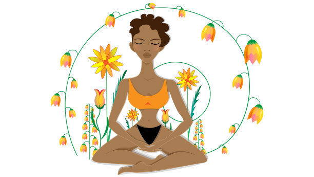 一位迷人的非洲女子坐在半莲花的姿势，在金色的花朵中冥想。图片下载