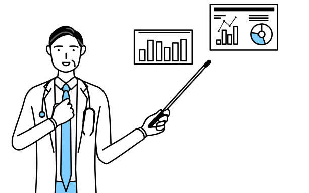 穿着白大褂的男医生拿着听诊器，资深的，中年的退伍军人正在分析一个表现图表。图片下载