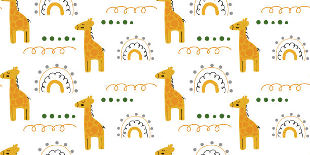卡通风格的长颈鹿可爱图案。白色背景上的橙色长颈鹿和彩虹。无缝模式的矢量。儿童房的印花，新生儿的衣服，婴儿淋浴图片下载