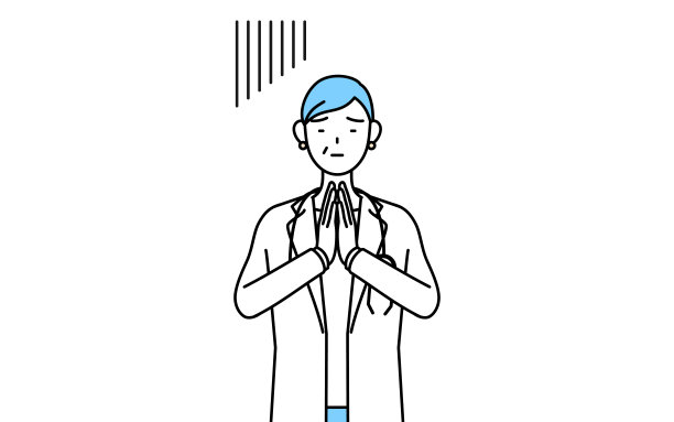 身穿白大褂，拿着听诊器的女医生，年长的、中年的老兵，双手放在身前道歉。图片下载