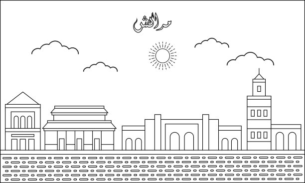 马拉喀什天际线矢量插图的一行艺术绘图。旅游与地标的矢量插画设计概念。现代城市设计载体。阿拉伯语翻译为:马拉喀什图片下载