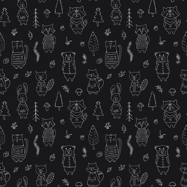 可爱的动物无缝图案。森林背景中的卡通动物。矢量图图片下载