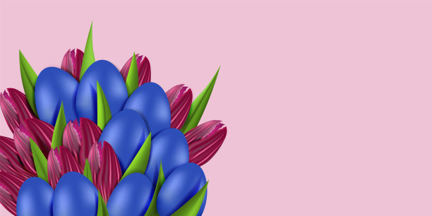 矢量插图。节日复活节背景与文本复制空间。现实的背景与3d对象，复活节装饰:一束紫色的郁金香，绿叶，蓝色和紫色的复活节彩蛋。图片下载