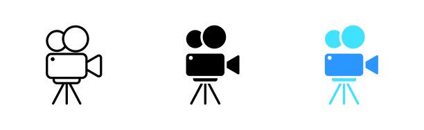 摄像头线图标。照片、胶片、相机镜头、三脚架、影院、视频、拍摄、照片处理、色彩校正、曝光、对比度。矢量图标在直线，黑色和彩色风格的白色背景图片下载