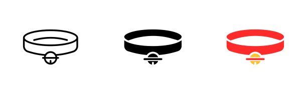 项圈上有铃铛图案。宠物，猫，狗，散步，照顾，爱情，朋友，跳蚤。动物的概念。矢量图标在直线，黑色和彩色风格的白色背景图片下载