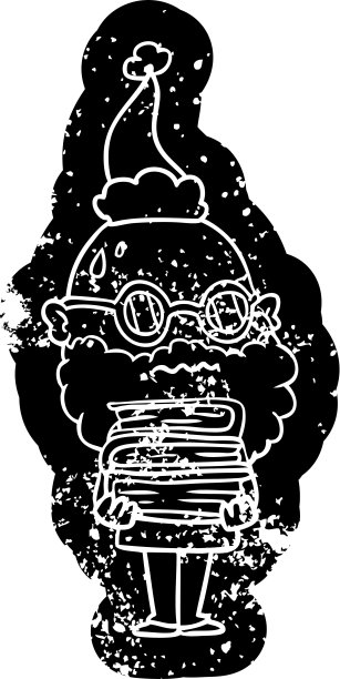 古怪的卡通苦恼的图标，一个担心的男人的胡子和一堆书戴着圣诞老人的帽子图片下载