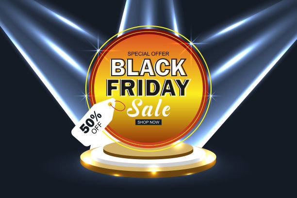 逼真的金色3D圆柱底座裙台设置与黑色星期五销售图片下载