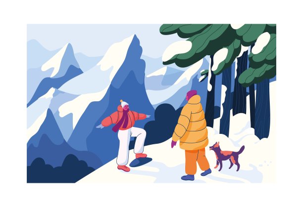 人们，遛狗，在冬天的森林里度假。姑娘们在雪景中漫步，有树有山。快乐的女人，雪林里的小狗，大自然。平面矢量图图片下载