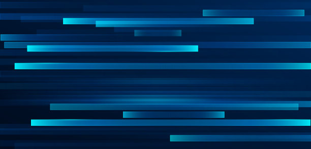 在深蓝色背景上抽象发光的直线。条纹线条设计。现代闪亮的蓝色几何矩形图案。未来科技概念。矢量图图片下载