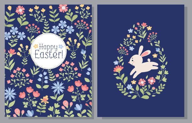 复活节卡片套装。大复活节彩蛋，可爱的兔子和彩色的花朵图案。矢量插图。两个现代垂直paschal海报在平面风格的蓝色背景。图片下载