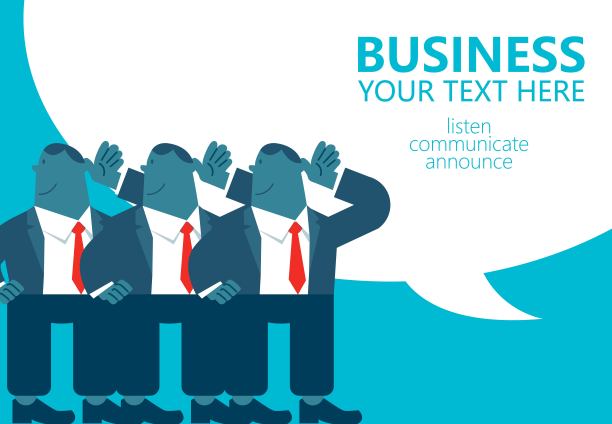 听取意见或想法，听取公告信息或重要信息，管理技巧与员工沟通，三位卡通商人用手捂住耳朵听演讲图片下载
