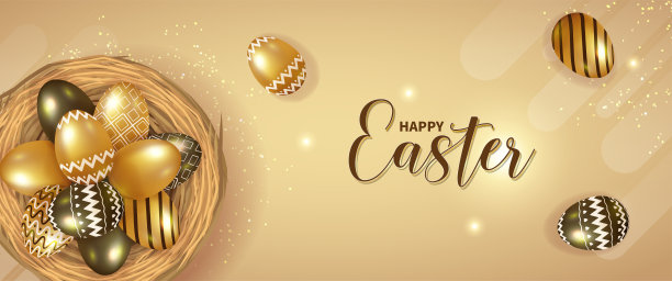 快乐的复活节背景与现实的金属彩色鸡蛋装饰矢量图片下载