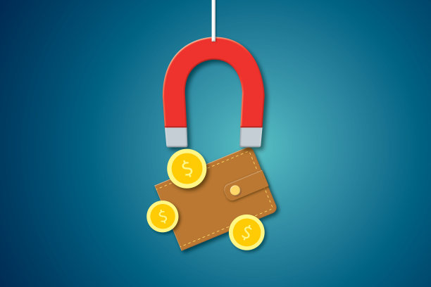 红色磁铁吸引了许多硬币，深蓝背景上的棕色钱包作为吸引投资的概念隐喻。图片下载