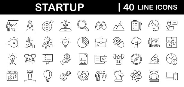 以线条样式启动一组web图标。用于web和移动应用程序的商业启动图标。启动项目，开发，创意，目标，创新，营销，启动业务，战略等图片下载