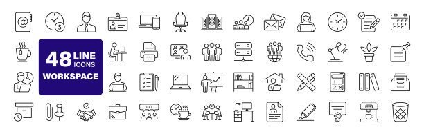 办公室工作空间的网络图标设置在线条风格。用于web和移动应用程序的办公室和联合办公图标。办公室，远程工作，会议，同事，工作区，办公桌，计算机，业务图标等图片下载