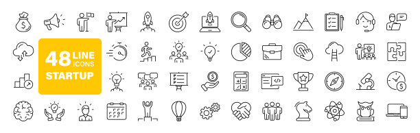 以线条样式启动一组web图标。用于web和移动应用程序的商业启动图标。启动项目，开发，创意，目标，创新，营销，启动业务，战略等图片下载