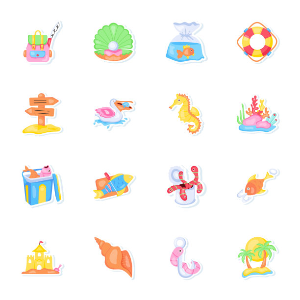 矢量束16平海滩贴纸图片下载