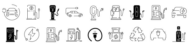 18个不同的图标，涉及到充电站的电动汽车。可编辑的轮廓和填充的图标集合图片下载