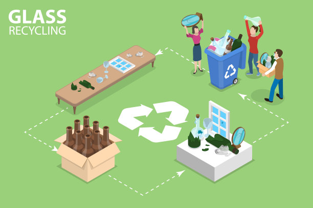 玻璃回收过程的三维等距平面矢量概念图图片下载