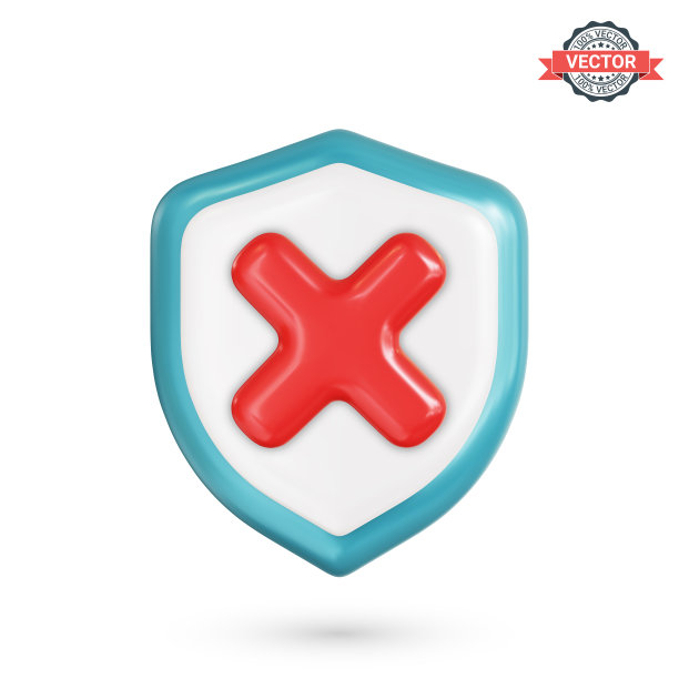 不正确的符号或错误的标记图标。盾形与红色十字。现实的三维矢量插图在白色背景图片下载