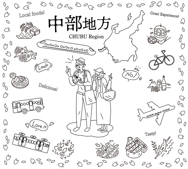 在日本中部地区享受春天美食的老夫妇，图标套装(线条画黑白)图片下载