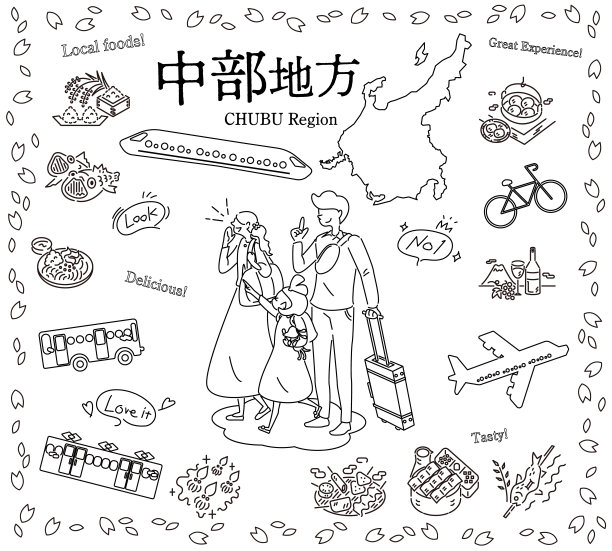 在日本中部地区享受春天美食观光的一家三口，一组图标(线条画黑白)图片下载