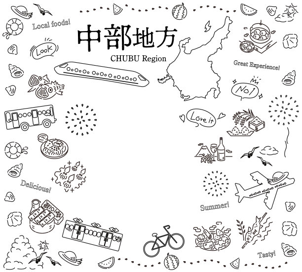 日本中部地区夏季美食旅游标志套装(线条画黑白)图片下载