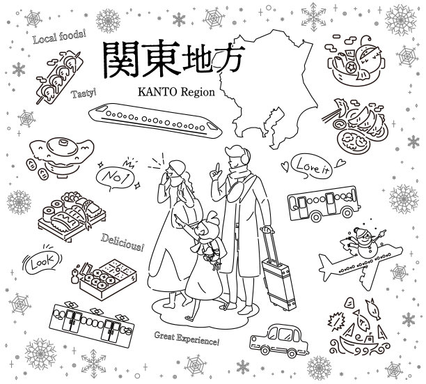 在日本关东地区享受冬季美食观光的一家三口，一组图标(线条画黑白)图片下载