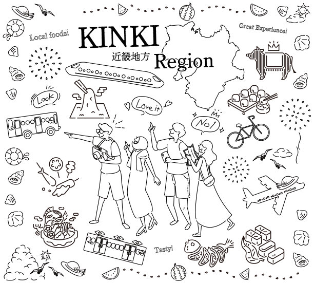 游客在日本近畿地区享受夏日美食观光，一组图标(黑白线条画)图片下载