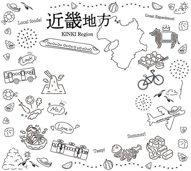 日本近畿地区夏季美食旅游标志套装(线条画黑白)图片下载