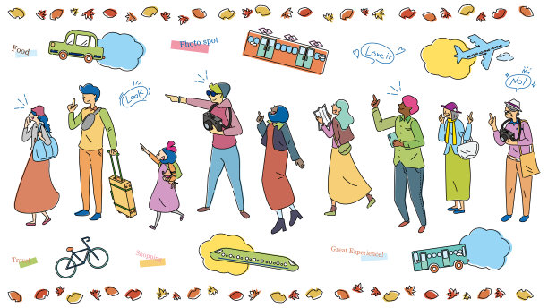 各种各样的男女老少享受秋色观光和一套车辆(线条画)图片下载