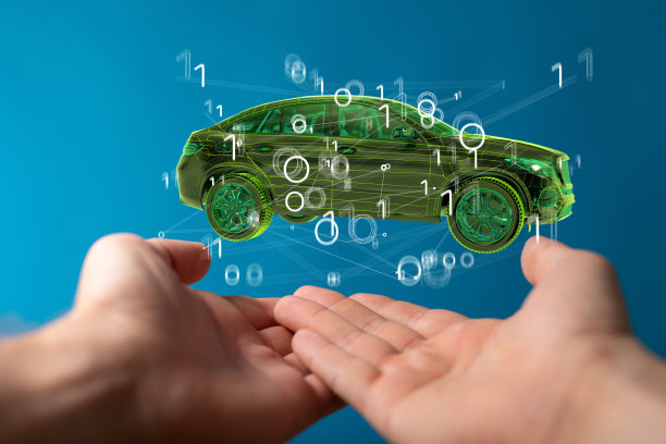 3D渲染的全息图，一辆车的二进制数字盘旋在手上。图片下载