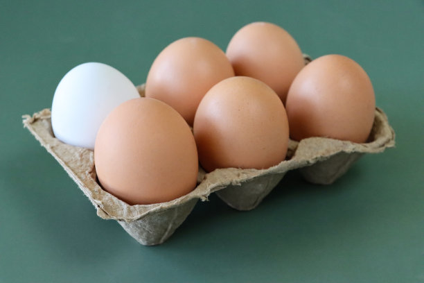 图片打开，棕色纸箱的一打鸡蛋，一批六个鸡蛋，一个白色的鸡蛋包围着五个棕色的鸡蛋，混合颜色的鸡蛋，白色和棕色的壳，奇数出概念，绿色背景，重点在前景图片下载