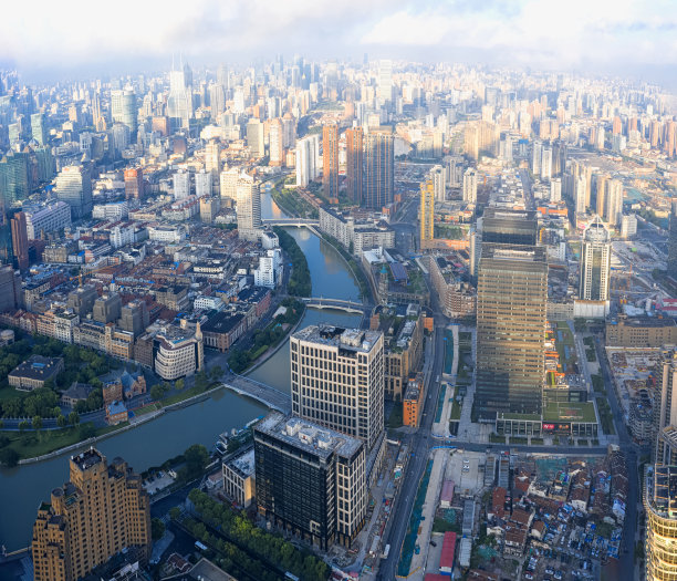中国上海全景天际线航拍照片图片下载