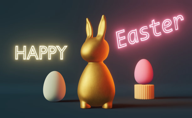 闪亮的金色兔子蛋蓝色霓虹灯3d渲染当代创意极简主义风格流行艺术贺卡。图片下载
